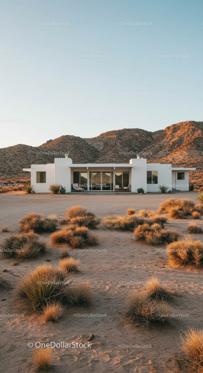Modern White House in Serene Desert Landscape at Sunset