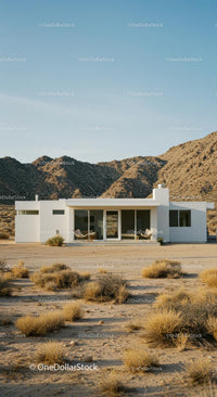 Modern White House Amidst Desert Mountains and Clear Skies