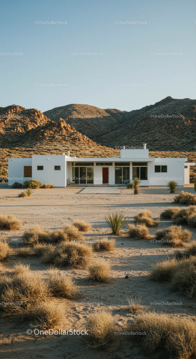 Modern White House in Arid Desert Landscape
