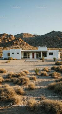 Modern White House Amidst Desert Mountains and Clear Skies