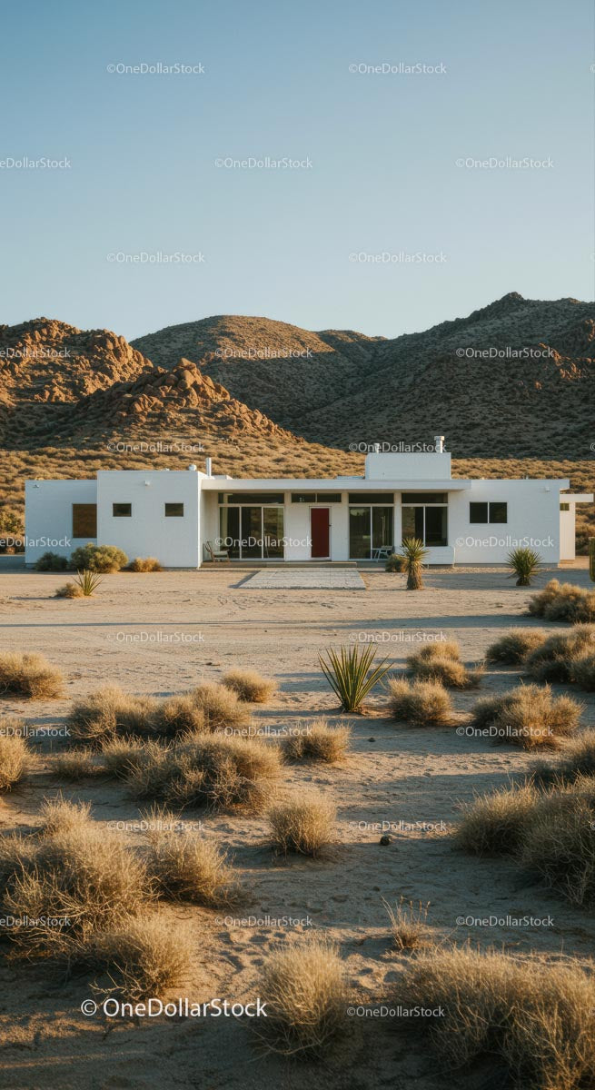 Modern White House Amidst Desert Mountains and Clear Skies