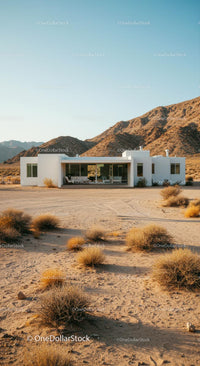 Modern White House Amidst Desert Mountains and Clear Skies