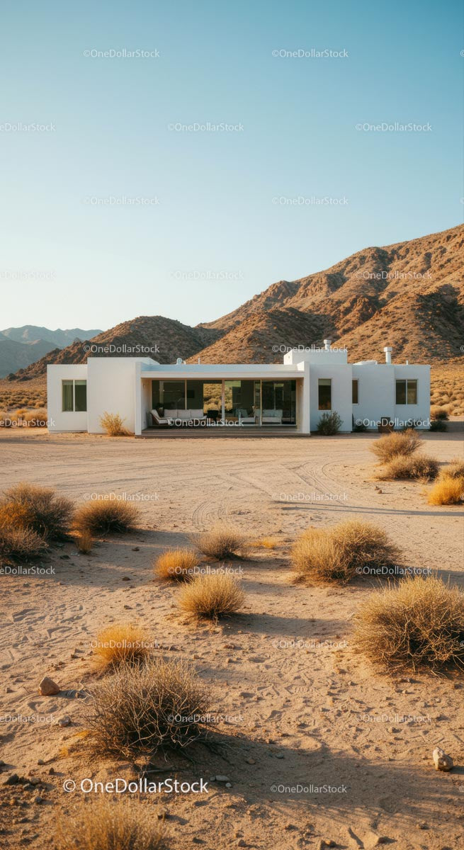 Modern White House Amidst Desert Mountains and Clear Skies