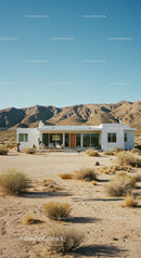 Modern White House Amidst Desert Mountains and Clear Skies