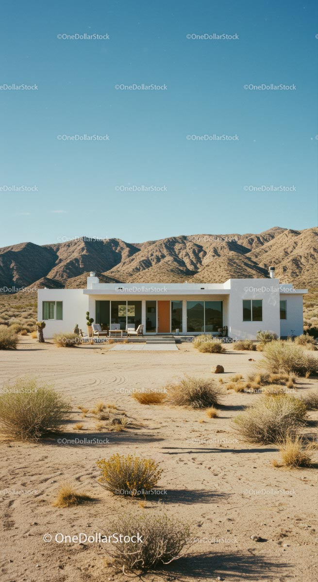 Modern White House Amidst Desert Mountains and Clear Skies
