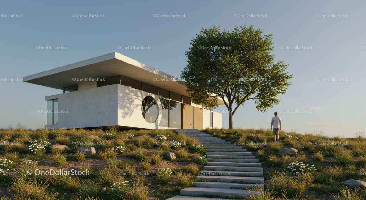 Modern Minimalist House Amidst Greenery at Sunset