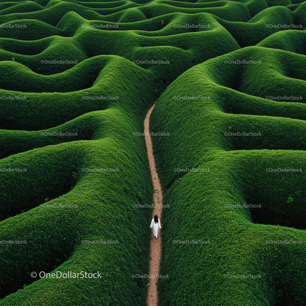 Solitary Walk Through Lush Green Maze