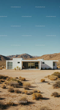 Modern White House in Desert Landscape with Mountain Views
