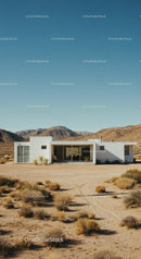 Modern White House Amidst Desert Mountains and Clear Skies