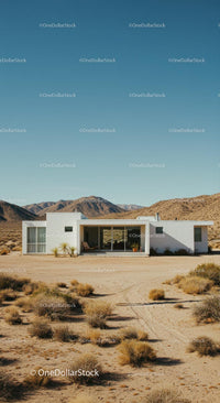 Modern White House Amidst Desert Mountains and Clear Skies