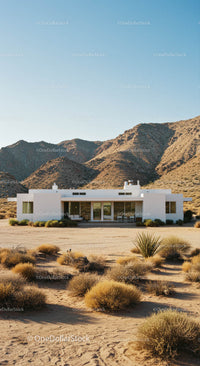 Modern White House in Desert with Mountain Backdrop