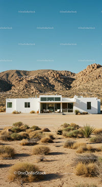 Modern White House Amidst Desert Mountains and Clear Skies