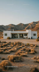 Modern White House Amidst Desert Mountains and Clear Skies