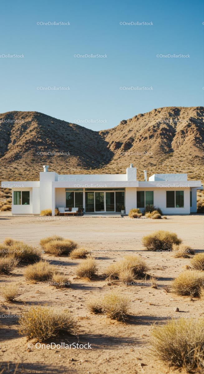 Modern White House Amidst Desert Mountains and Clear Skies