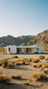 Modern Desert House with Mountain and Arid Landscape