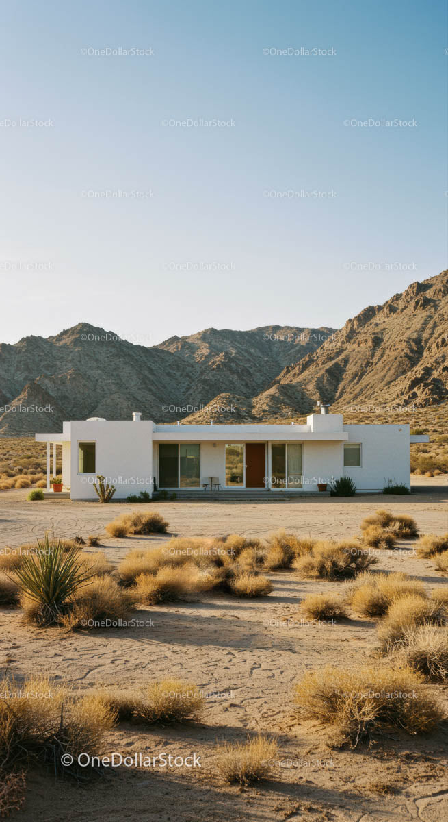 Modern Desert House with Mountain and Arid Landscape