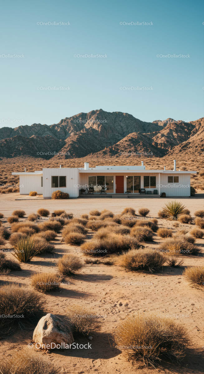 Modern House in Arid Desert Landscape with Mountain View