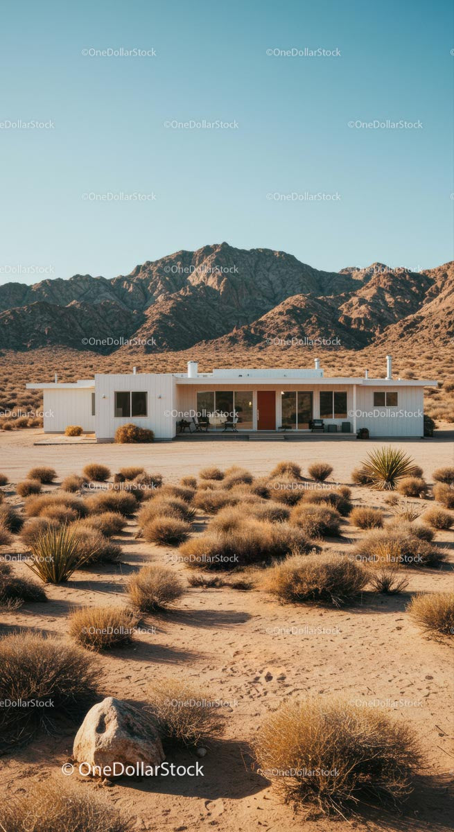 Modern White House Amidst Desert Mountains and Clear Skies