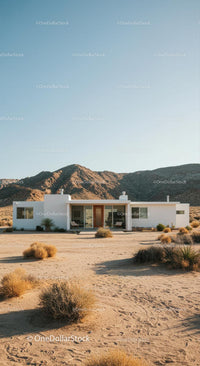 Modern White House Amidst Desert Mountains and Clear Skies