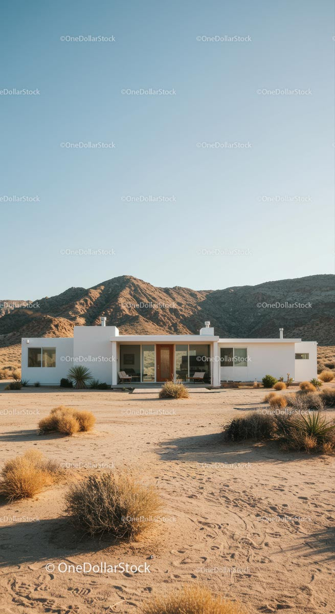 Modern White House Amidst Desert Mountains and Clear Skies
