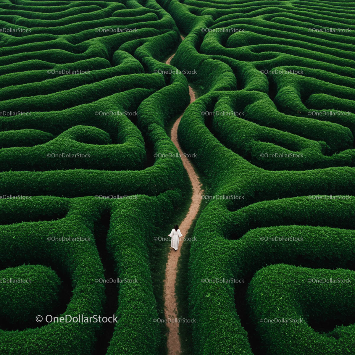 Aerial View of Woman Exploring Green Maze Pathway