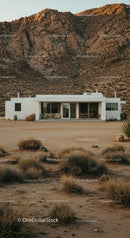 Modern White House Amidst Desert Mountains and Clear Skies