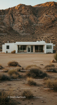 Modern White House Amidst Desert Mountains and Clear Skies