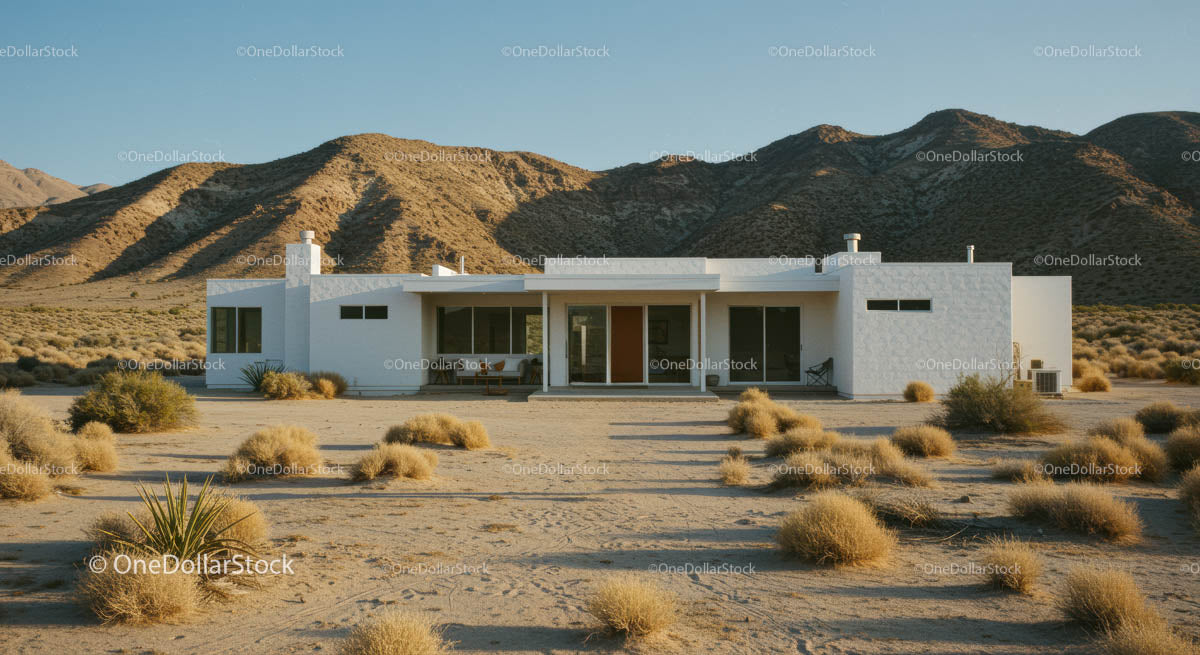 Modern Minimalist House in Desert with Mountain Backdrop