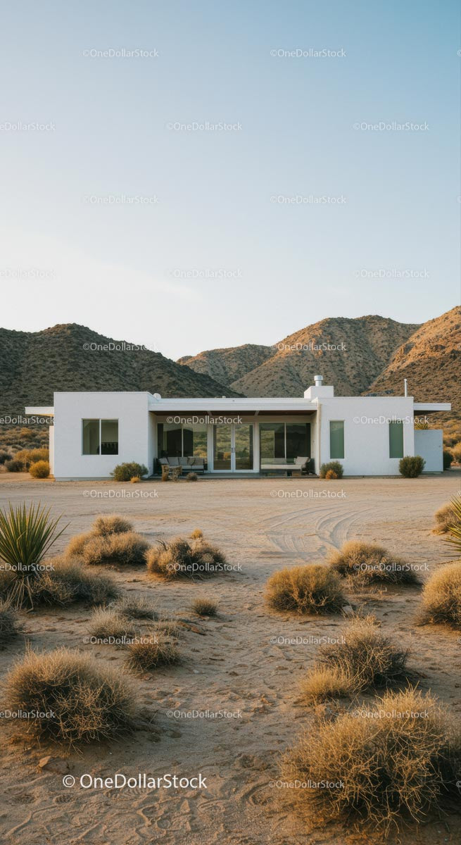 Modern White House Amidst Desert Mountains and Clear Skies