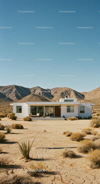 Modern White House Amidst Desert Mountains and Clear Skies