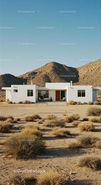 Modern White House Amidst Desert Mountains and Clear Skies