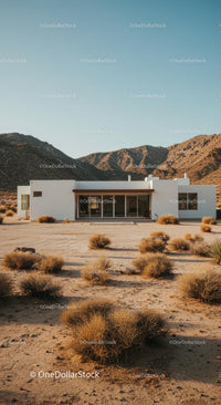 Modern White House Amidst Desert Mountains and Clear Skies