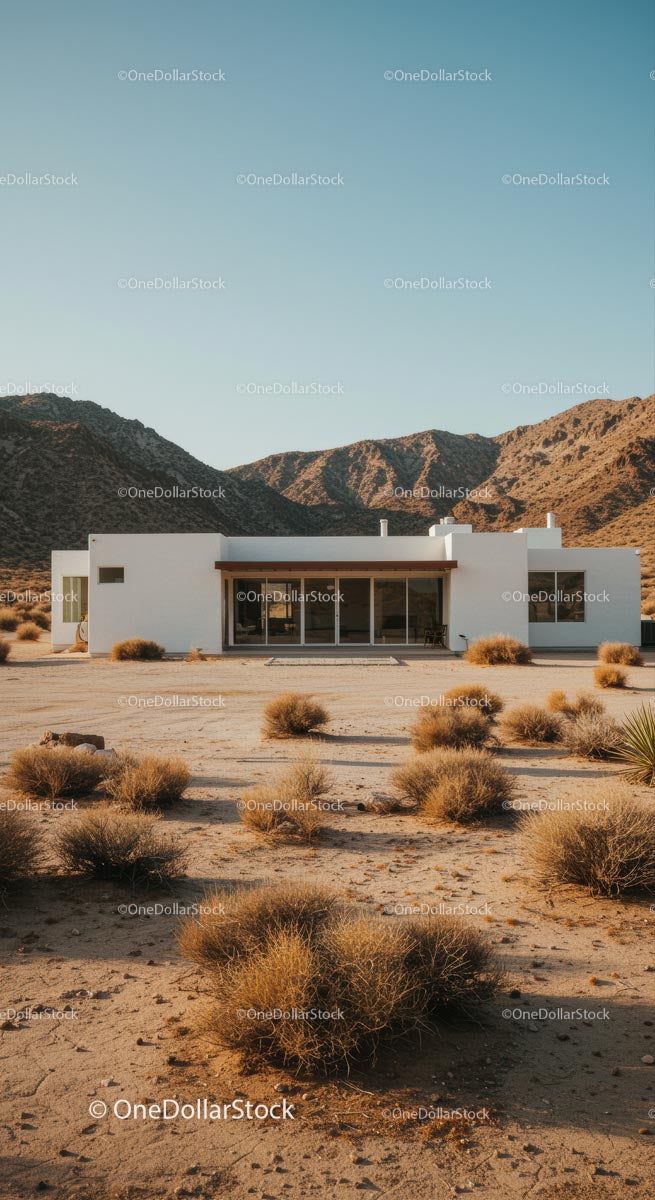 Modern White House Amidst Desert Mountains and Clear Skies