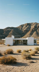 Modern White House Amidst Desert Mountains and Clear Skies