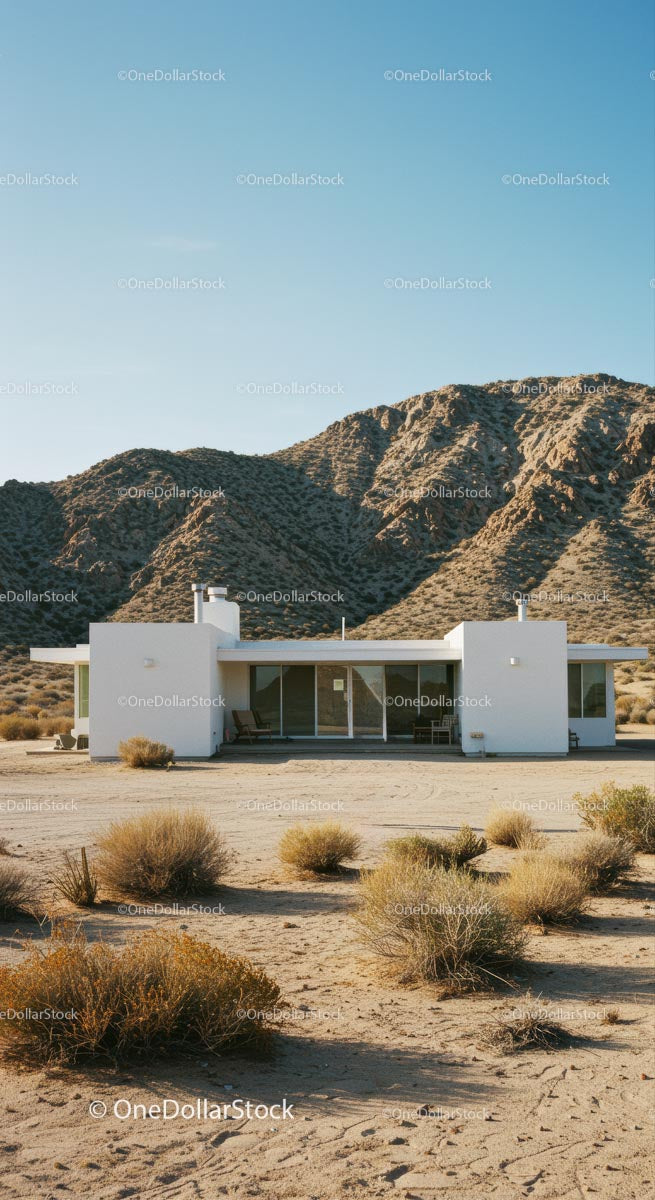 Modern White House Amidst Desert Mountains and Clear Skies