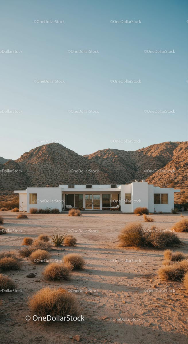 Modern White House Amidst Desert Mountains and Clear Skies