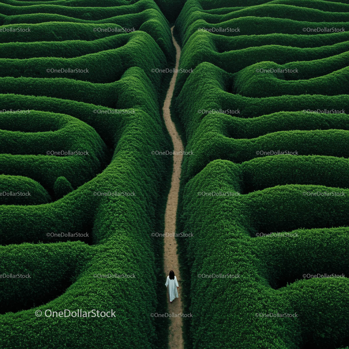 Solitary Walk Through a Lush Green Hedge Maze