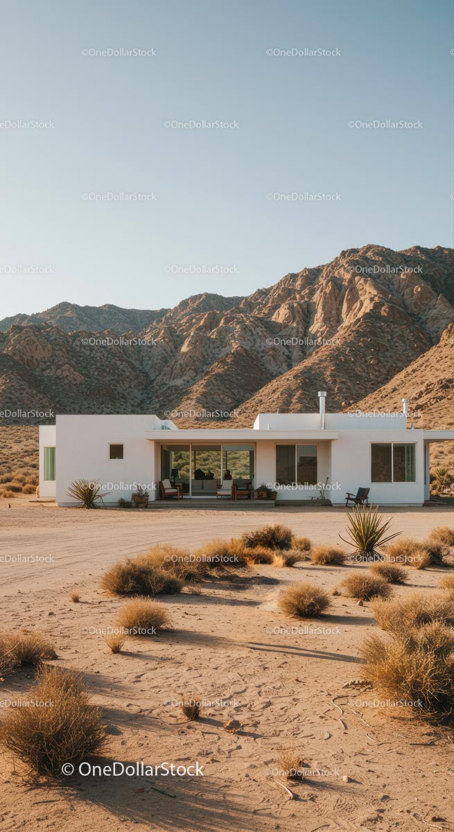 Modern White House Amidst Desert Mountains and Clear Skies