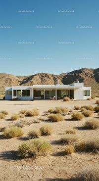 Modern White House Amidst Desert Mountains and Clear Skies