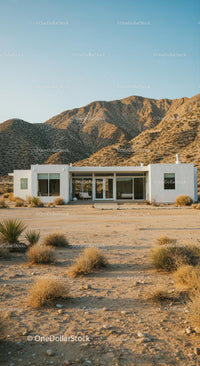 Modern White House Amidst Desert Mountains and Clear Skies