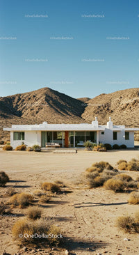 Modern White House Amidst Desert Mountains and Clear Skies