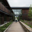 Modern Office Building with Wooden Exterior and Lush Garden