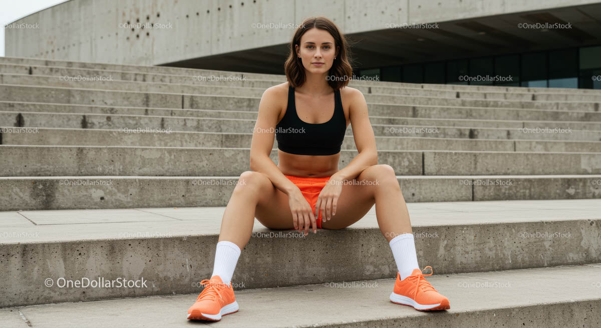 Confident Female Athlete in Orange Sportswear on Concrete Stairs