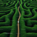 Person Walking Through a Green Hedge Maze from Above