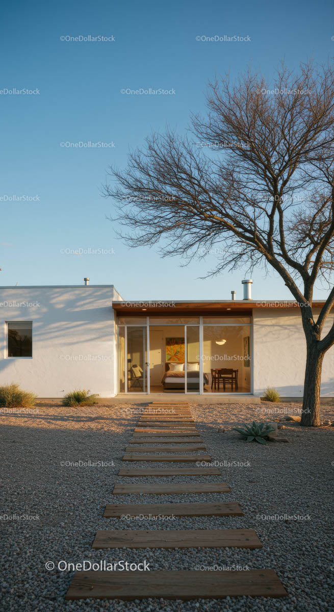 Modern Desert Home with Clear Blue Sky and Wooden Path