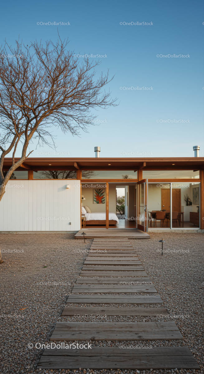 Modern Desert Home with Open Glass Doors and Wooden Pathway