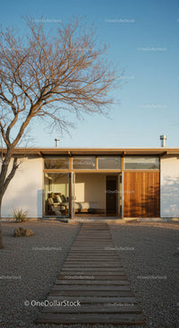 Modern Minimalist Home with Wooden Pathway in Desert