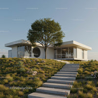 Modern Minimalist Home with Green Landscape and Steps