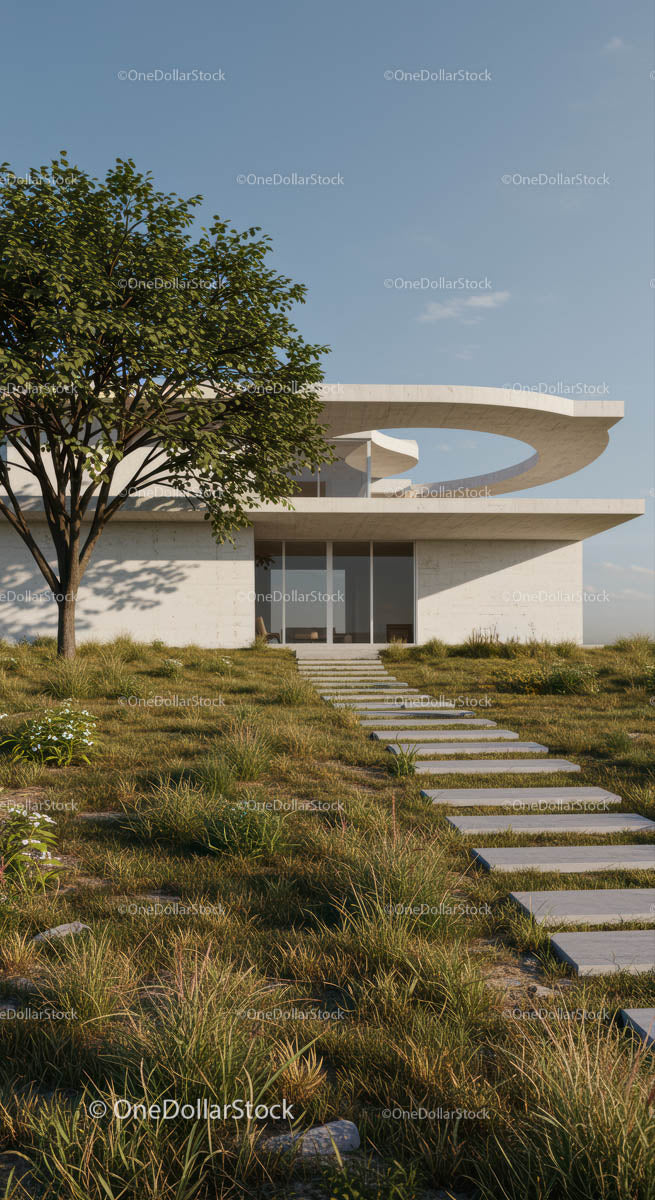 Modern Concrete House with Green Lawn and Trees
