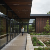 Woman Walking Along Modern Wooden House with Garden